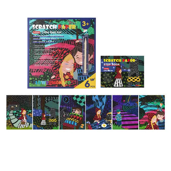 Flower Monaco Scratch Paper Set by FLOWER MONACO, a colorful six-piece scratch art kit, shown with kids revealing designs.