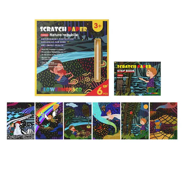 Flower Monaco Scratch Paper Set, 6-piece kids craft kit with colorful cards; child uses wooden stylus to scratch designs.