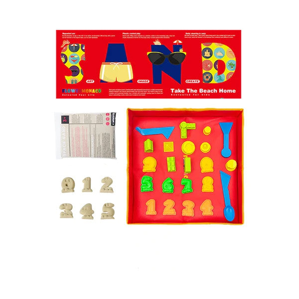 Flower Monaco Space Sand set in red tray with yellow and green molds, blue tools, and numbers