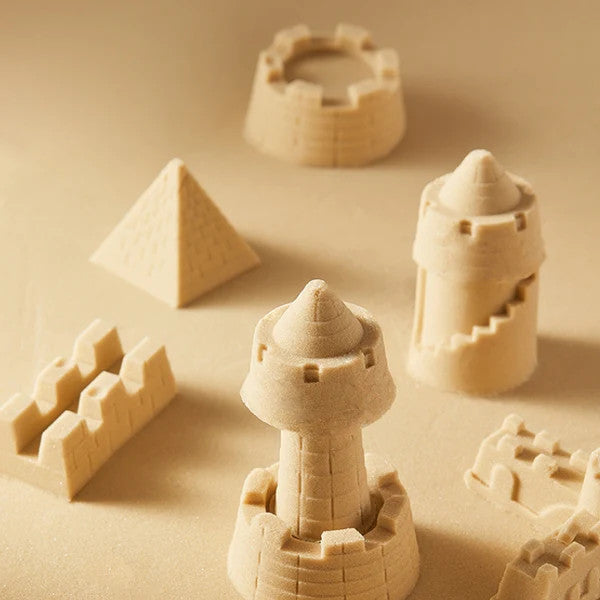 Flower Monaco Space Sand set featuring beige sand castles, pyramids and towers