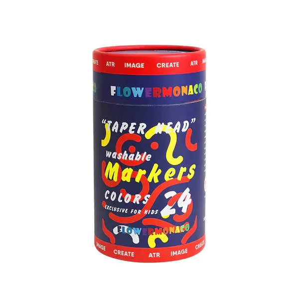 Flower Monaco washable markers 24 colors in a blue cylindrical case with red rim, standing upright.