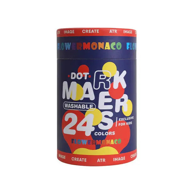 Flower Monaco Washable Markers 24 Colors set in a colorful tube, showing vibrant caps and FLOWER MONACO branding.