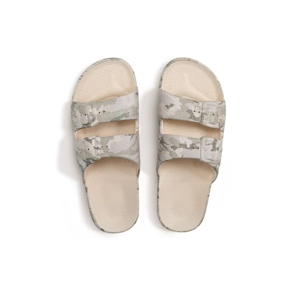 Freedom Moses Prints Adult Camo Stone sandals with two adjustable straps shown lying flat.