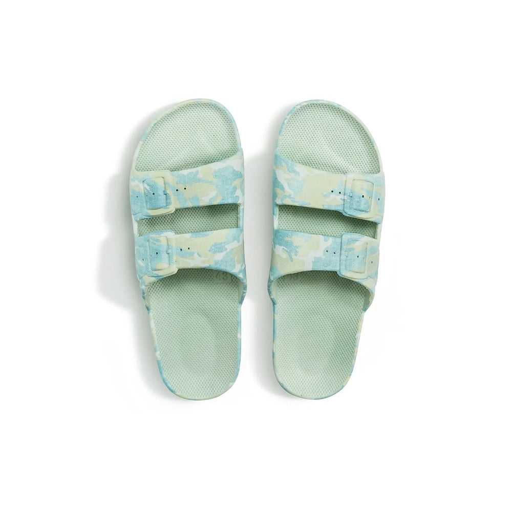 Freedom Moses Prints Camo Sage toddler sandals with two adjustable straps buckled, pastel camo mint tones.