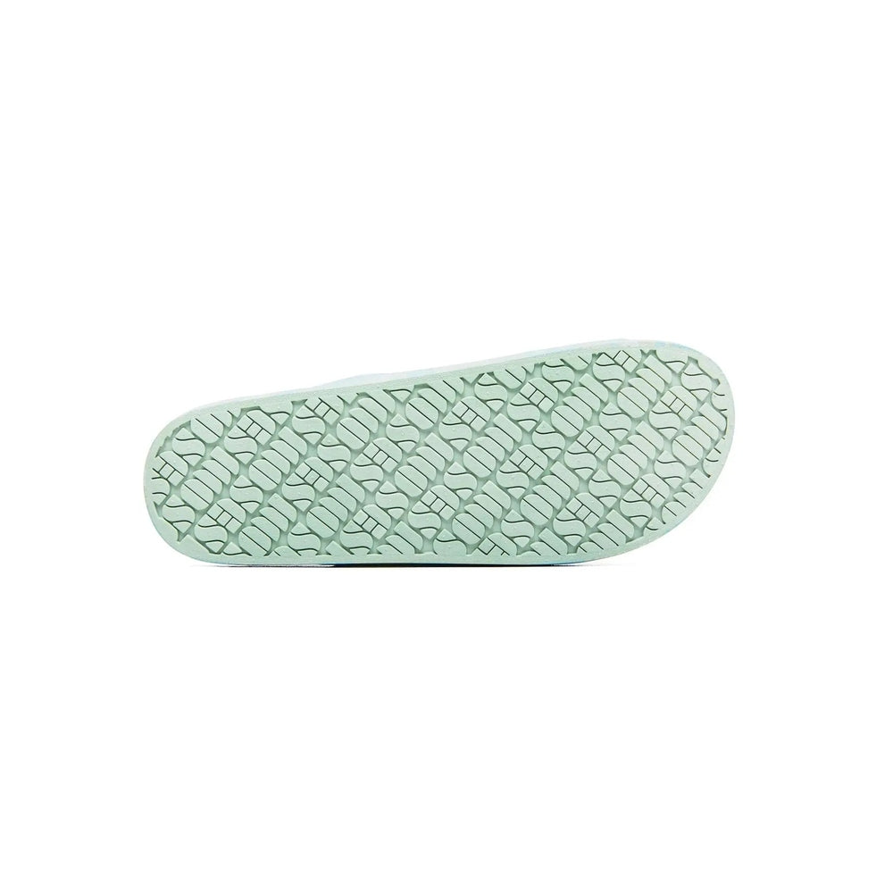 Freedom Moses Prints Camo Sage kids slippers, mint-green camo sole with textured grip tread.