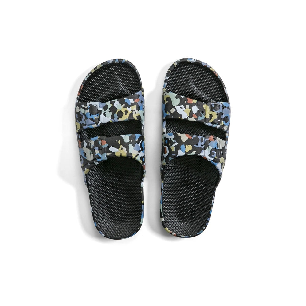 Freedom Moses Prints Mercury Black sandals, pair with camouflage straps and black textured footbeds, 2 pcs.