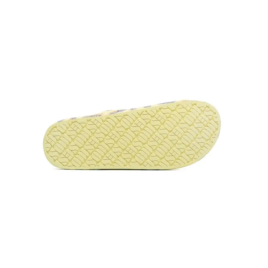 Freedom Moses Prints Pina Colada Sugar slippers for kids, pale yellow sole with textured tread.