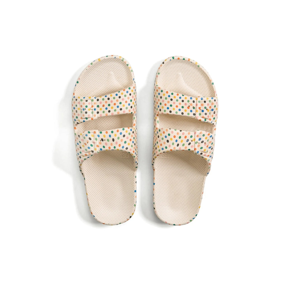 Freedom Moses Prints Retro Dots sandals, beige footbeds with multicolor dot print, two adjustable straps showcased on white background