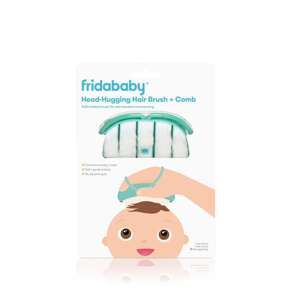 FridaBaby head-hugging hairbrush + comb set in turquoise with soft bristles for baby grooming