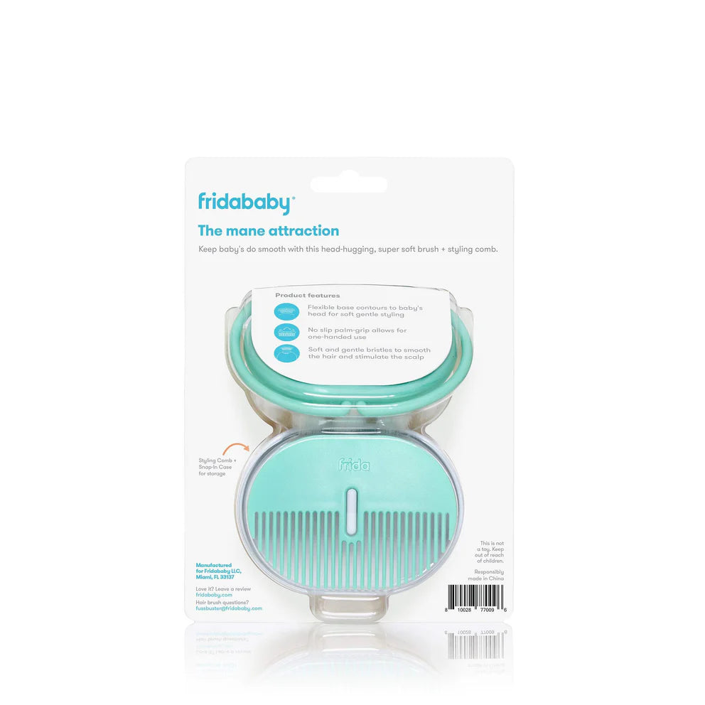 Frida Baby head-hugging hairbrush and styling comb set, turquoise mint, 2-piece grooming kit