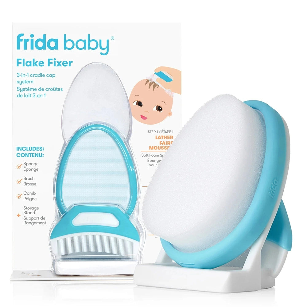 Dermafrida Flake Fixer cradle cap kit by Frida Baby with blue frame and soft foam sponge