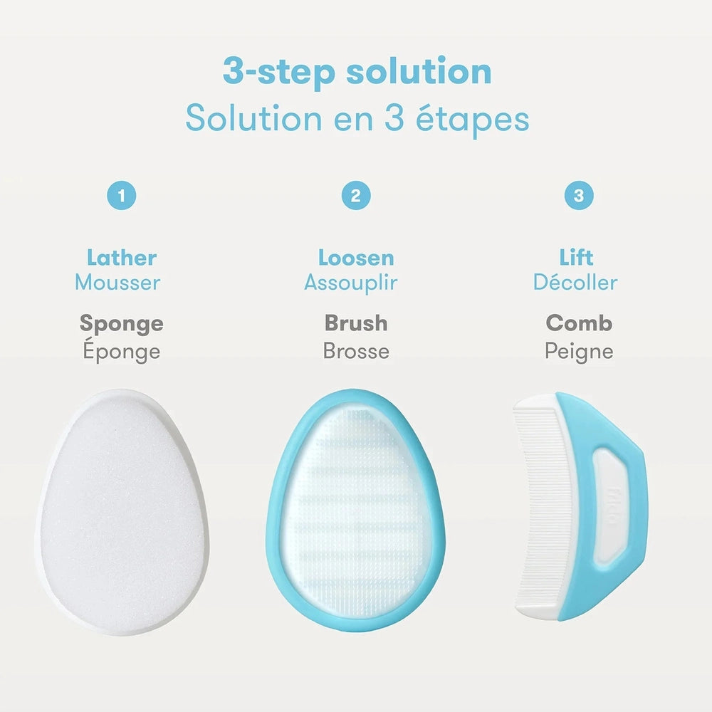 Frida Baby Dermafrida The Flakefixer 3-piece grooming kit: sponge, brush, and comb in blue and white