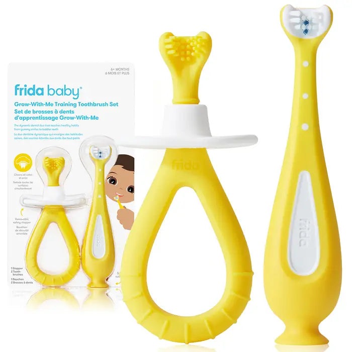 Frida Baby Grow-With-Me Training Toothbrush Set, yellow 4-piece infant oral care kit by FRIDA