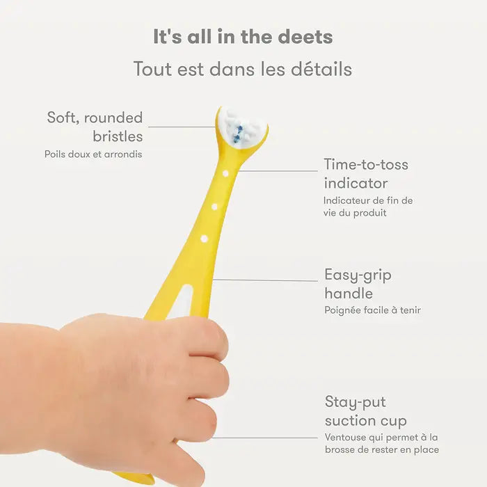 FRIDA Grow With Me training toothbrush for 6M+, yellow handle with soft rounded bristles