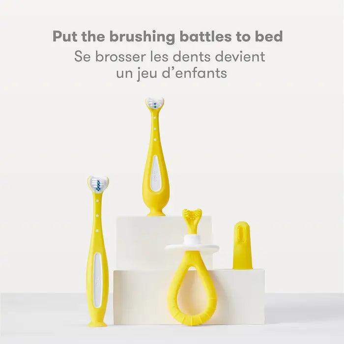 FRIDA Grow With Me training toothbrush set, yellow 4-piece infant oral care kit for 6M+