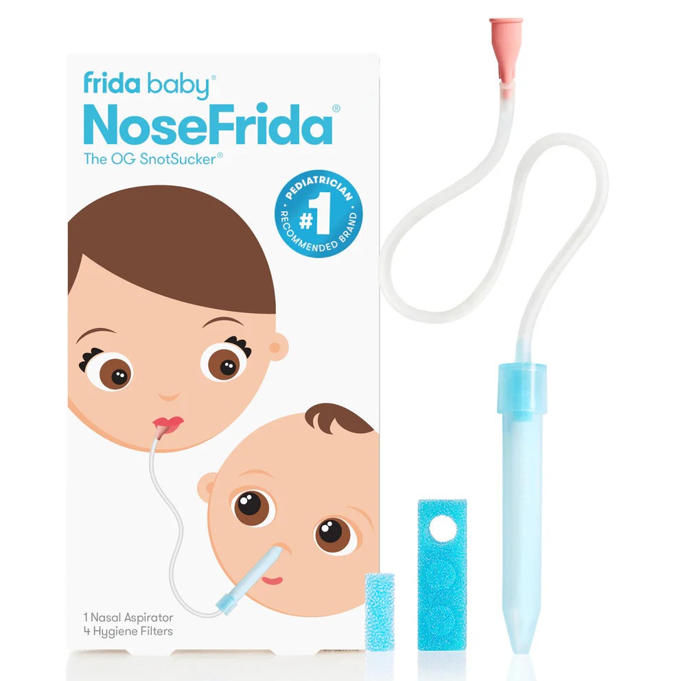 Frida Baby NoseFrida nasal aspirator kit with blue tube; includes 1 aspirator and 4 hygiene filters.