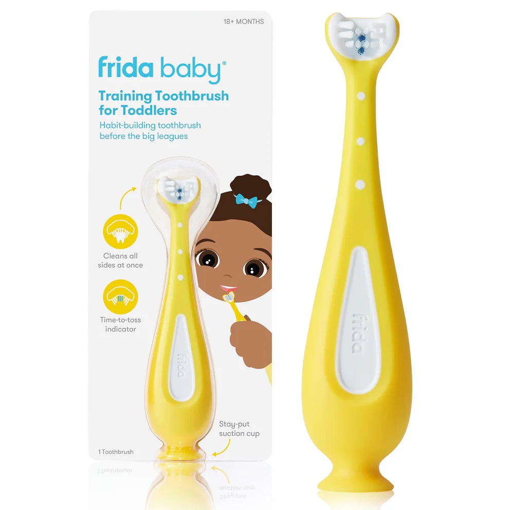 Frida Baby Training Toothbrush for Toddlers 18M+ yellow with white grip and suction cup, FRIDA