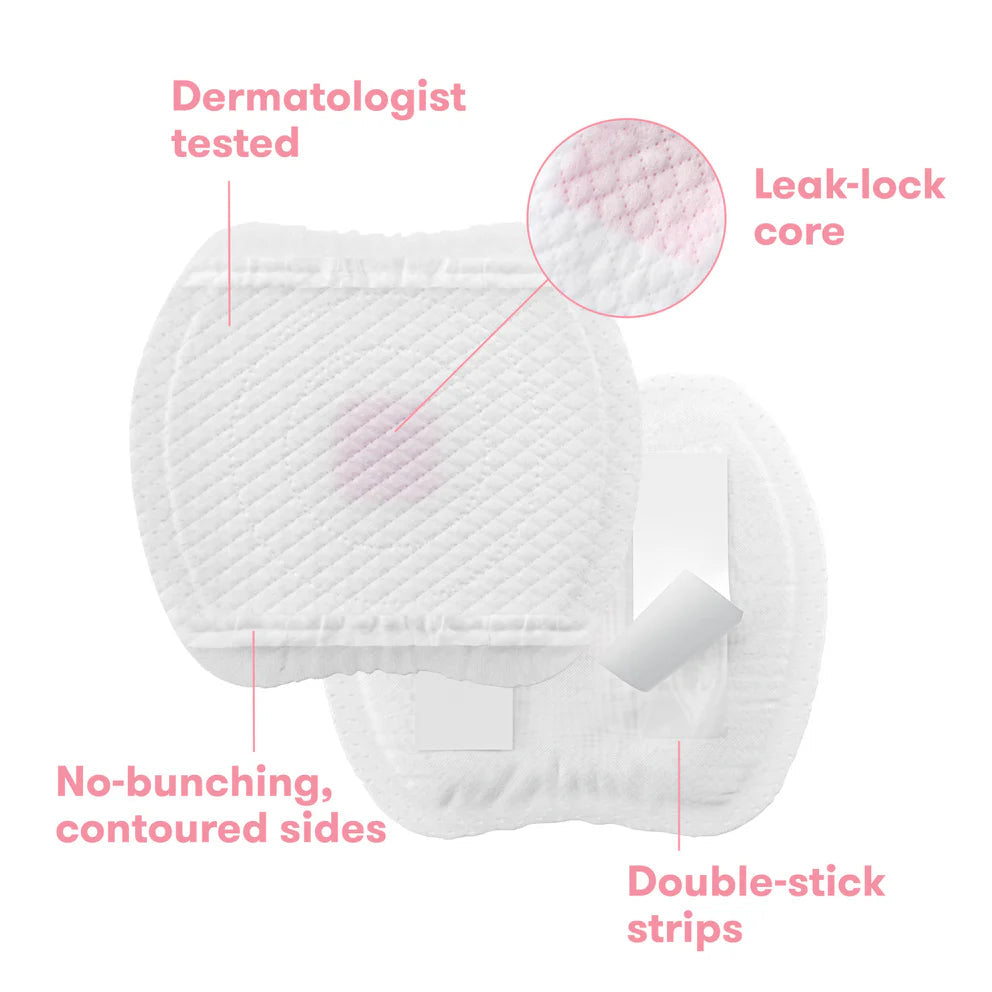 Frida Mom All-Day Dry nursing pads, white disposable pads with leak-lock core and contoured sides