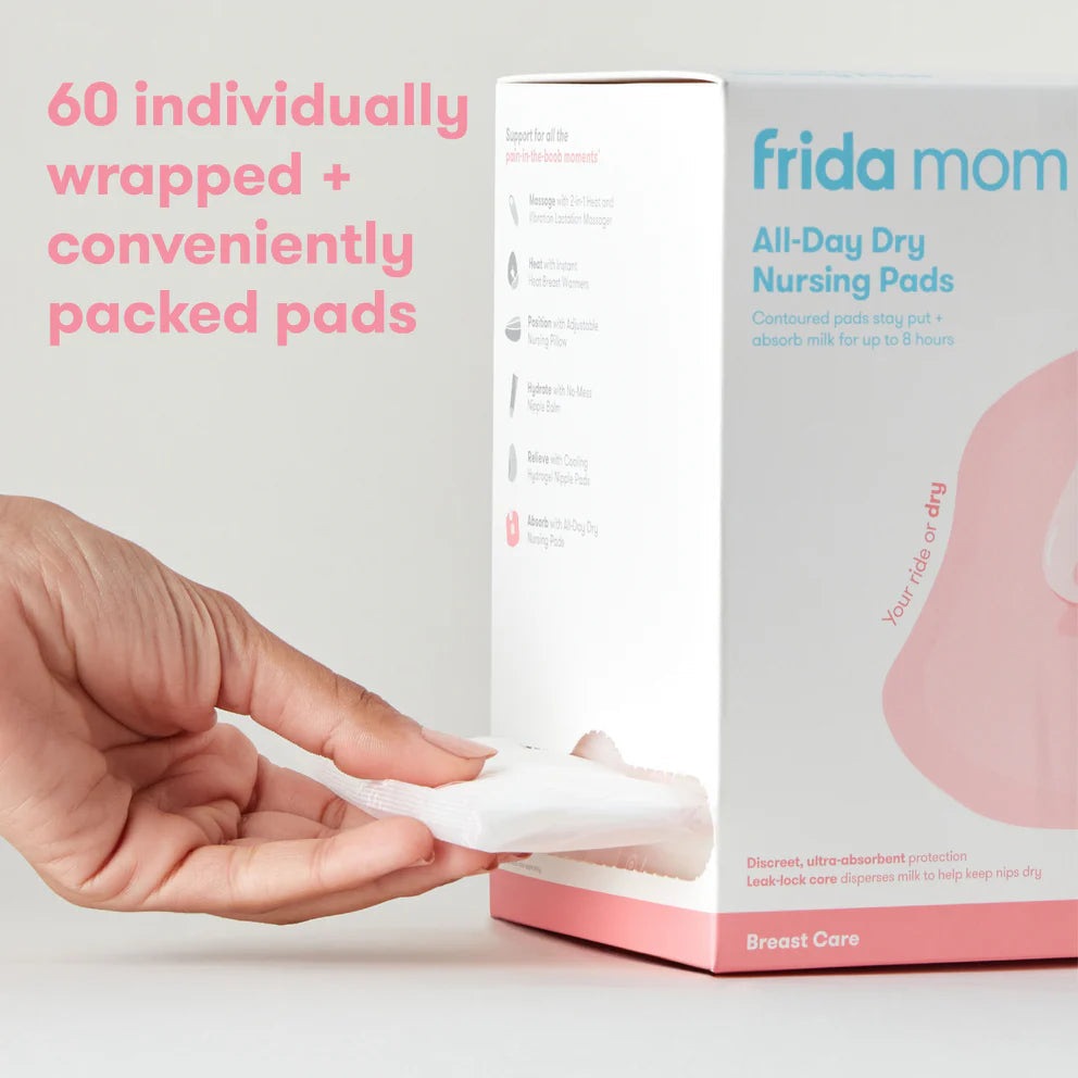 Frida Mom All-Day Dry Nursing Pads box with pink accents; 60 individually wrapped disposable nursing pads