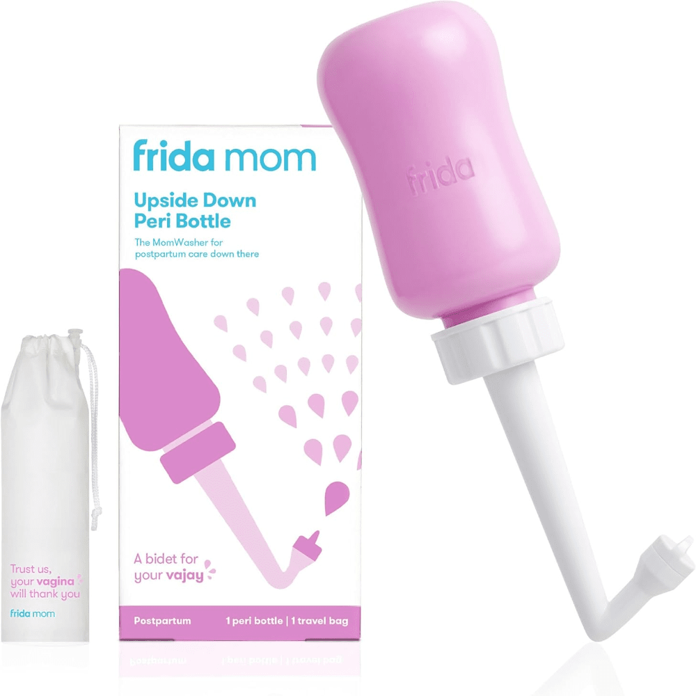 Frida Mom Upside Down Peri Bottle in pink with white nozzle; includes travel bag