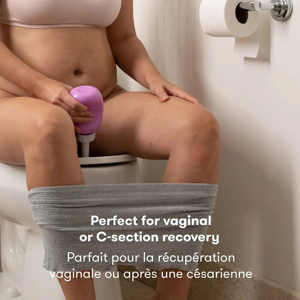 Frida Mom Upside Down Peri Bottle with purple soft-grip for vaginal or C-section recovery