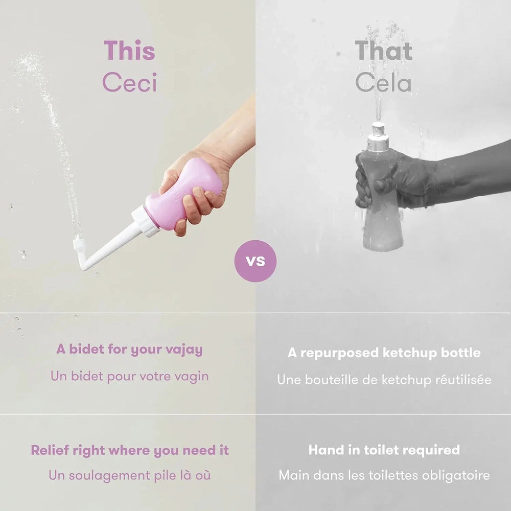 Frida Mom Upside-Down Peri Bottle, pink with an angled nozzle for postpartum perineal care