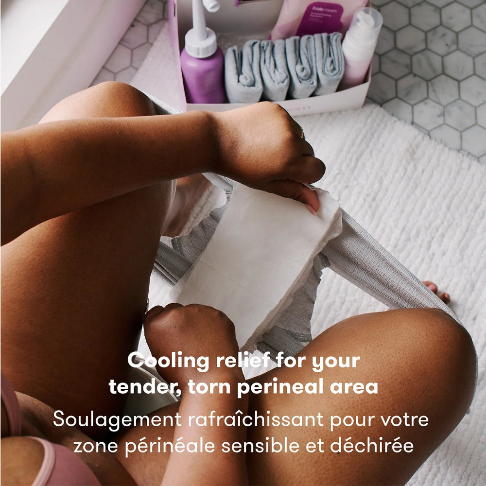 Frida Mom Witch Hazel Perineal Cooling Pad Liners, 24-pack, in use for postpartum relief