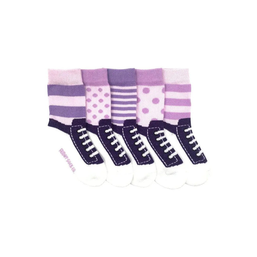 Friday Sock Co. baby sneaker socks 0-1Y, set of 5 purple lilac pairs with striped and polka-dot patterns