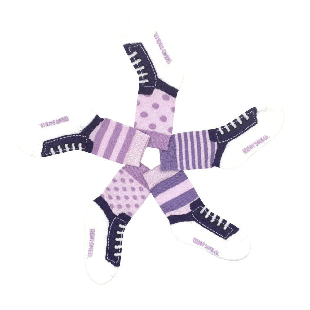 Baby sneaker socks set, 5 pairs for 0–1Y in purple lilac stripes and dots, FRIDAY SOCK CO.