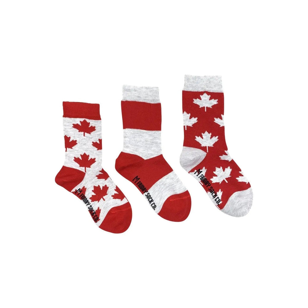 Friday Sock Co. Kid's Grey & Red Maple Leaf Socks, three-pack, laid flat to reveal maple leaf pattern and reinforced toes.