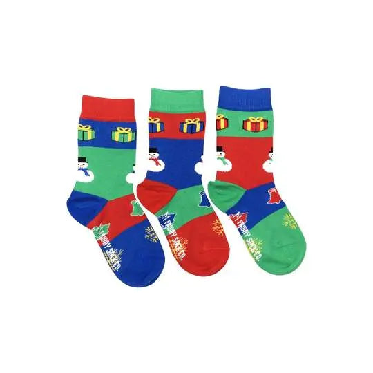 Friday Sock Co. Kid's Ugly Christmas Snowman Socks—set of 3 in red, green, blue, each with snowman and gift motifs, laid flat for display.