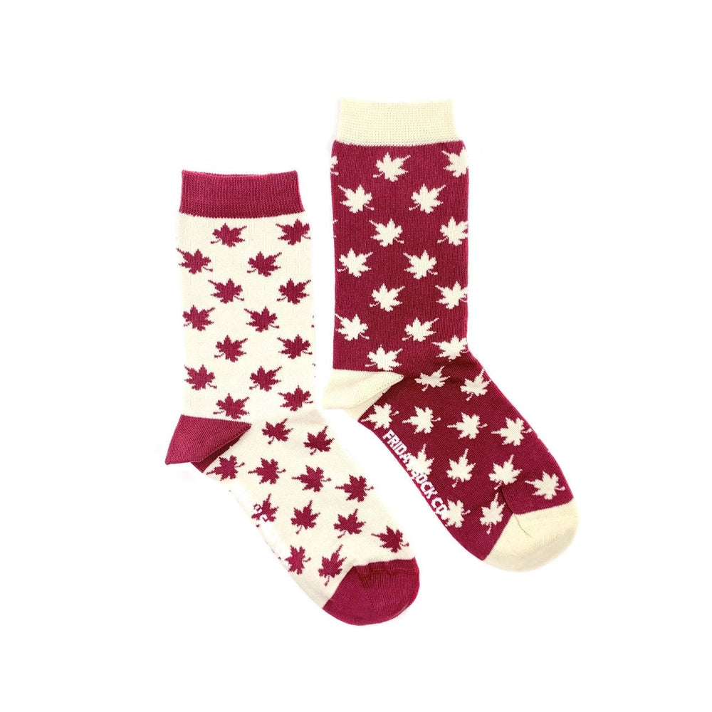 Friday Sock Co women's maple leaf socks, cream and burgundy knit with maple leaf pattern, pair