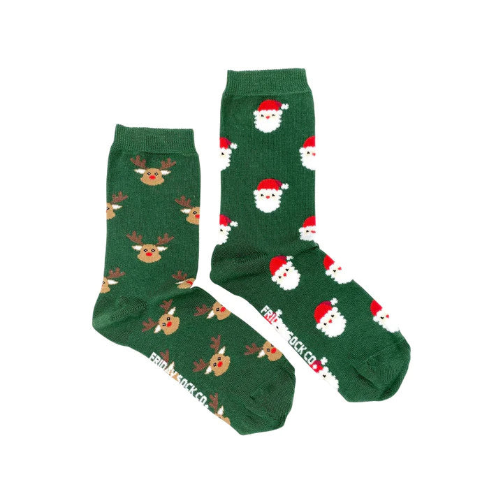 Friday Sock Co. women's ugly Christmas Santa and reindeer socks, green with Santa faces, set of 2