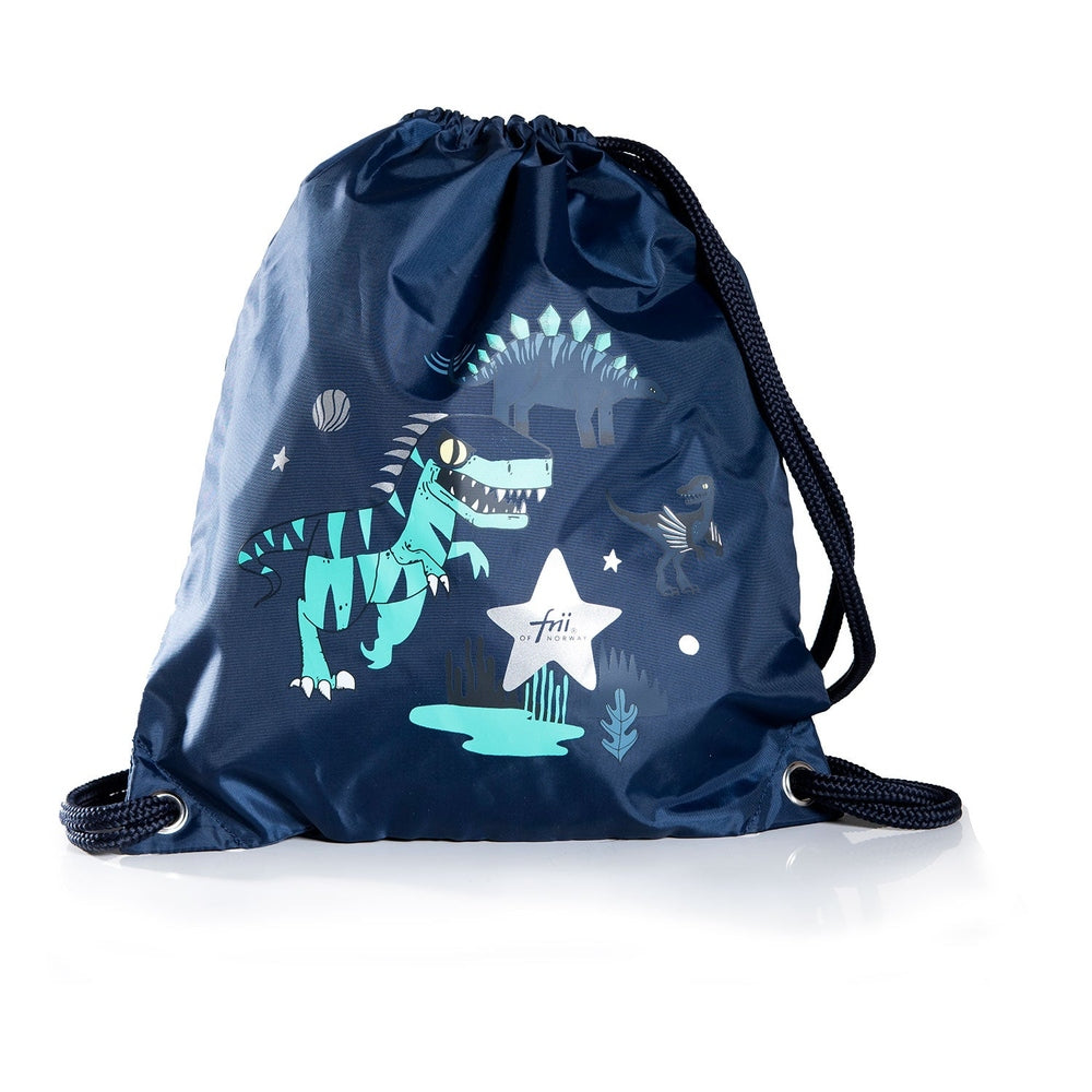 Frii of Norway gym bag dinosaur, navy blue drawstring bag with teal dinosaur print