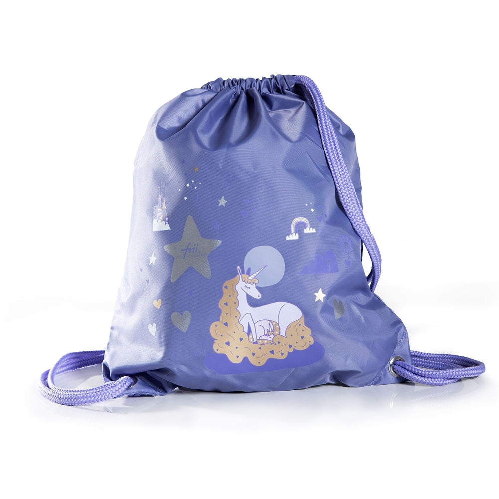 Frii Of Norway Dreamworld gymbag drawstring backpack in purple with a unicorn illustration