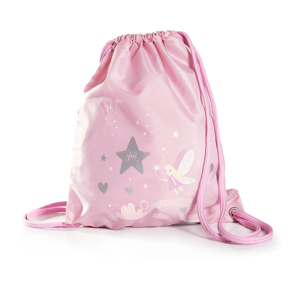 Frii of Norway pink butterfly gymbag with star and heart patterns and drawstring straps