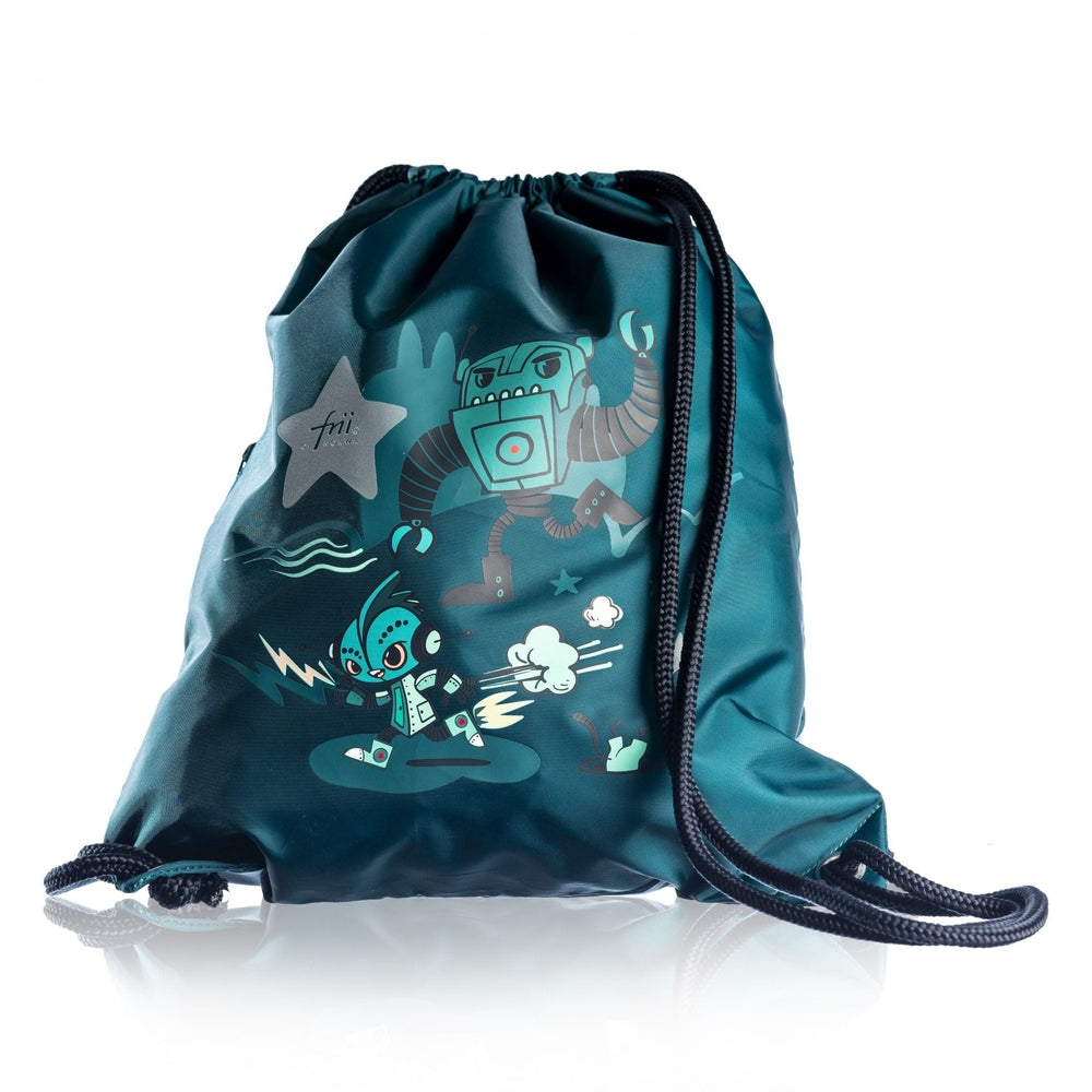 FRII OF NORWAY gymbag teal with robot game graphic and black drawstring cords