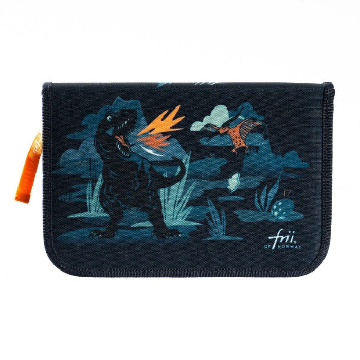 Pencil case FRII OF NORWAY Dino, navy fabric with dinosaur illustration and orange zipper pull