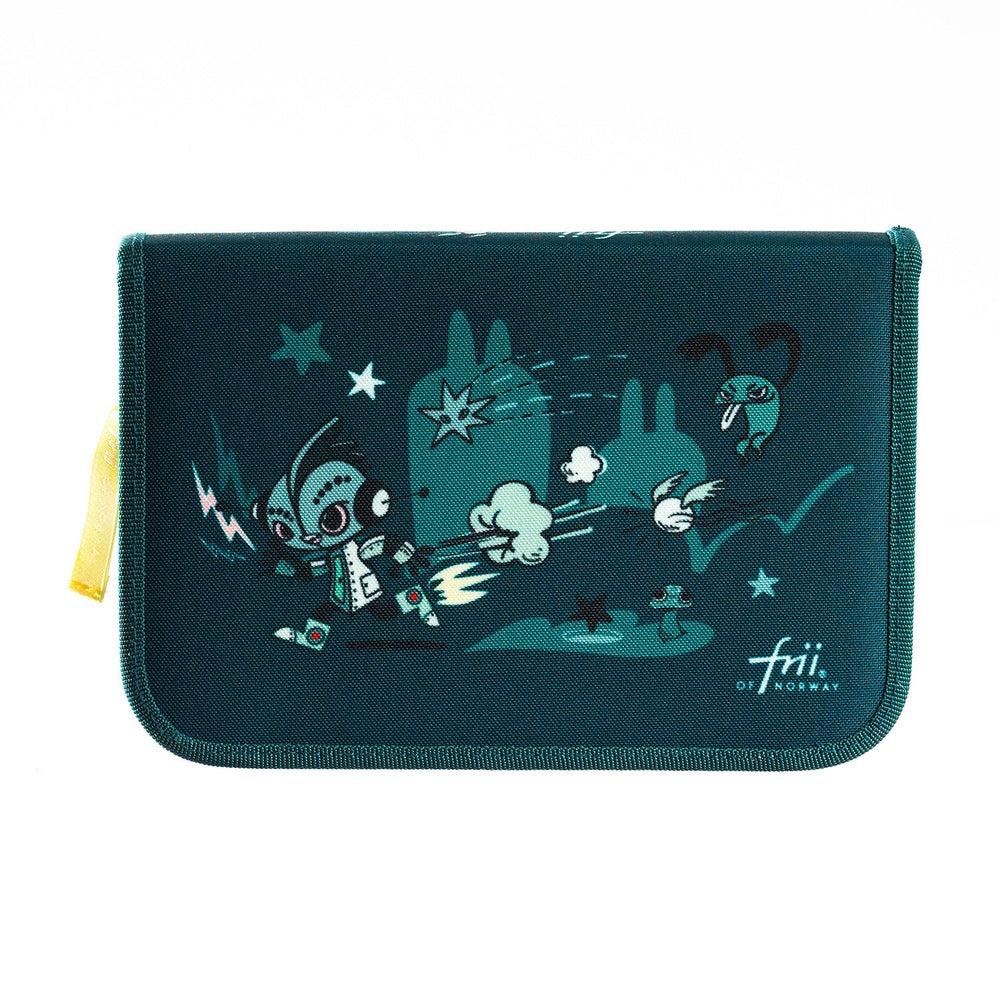 Frii of Norway pencil case Robot Game in teal fabric with cartoon robot illustration and yellow zipper pull