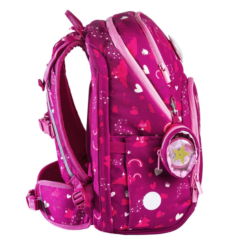 Frii Of Norway school backpack, 20–25L, ballerina pink with heart pattern and charm
