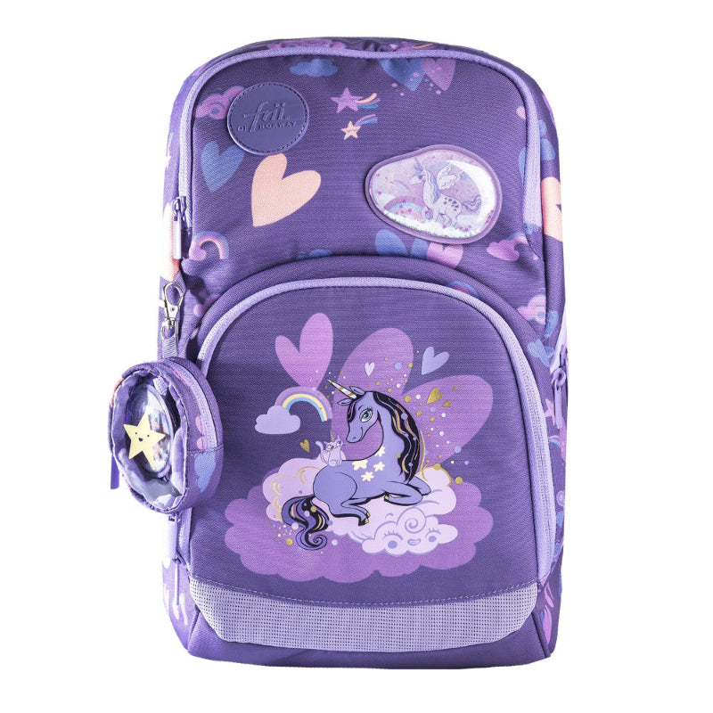 Frii of Norway school backpack unicorn purple, expandable 20–25L with heart pattern and unicorn patch