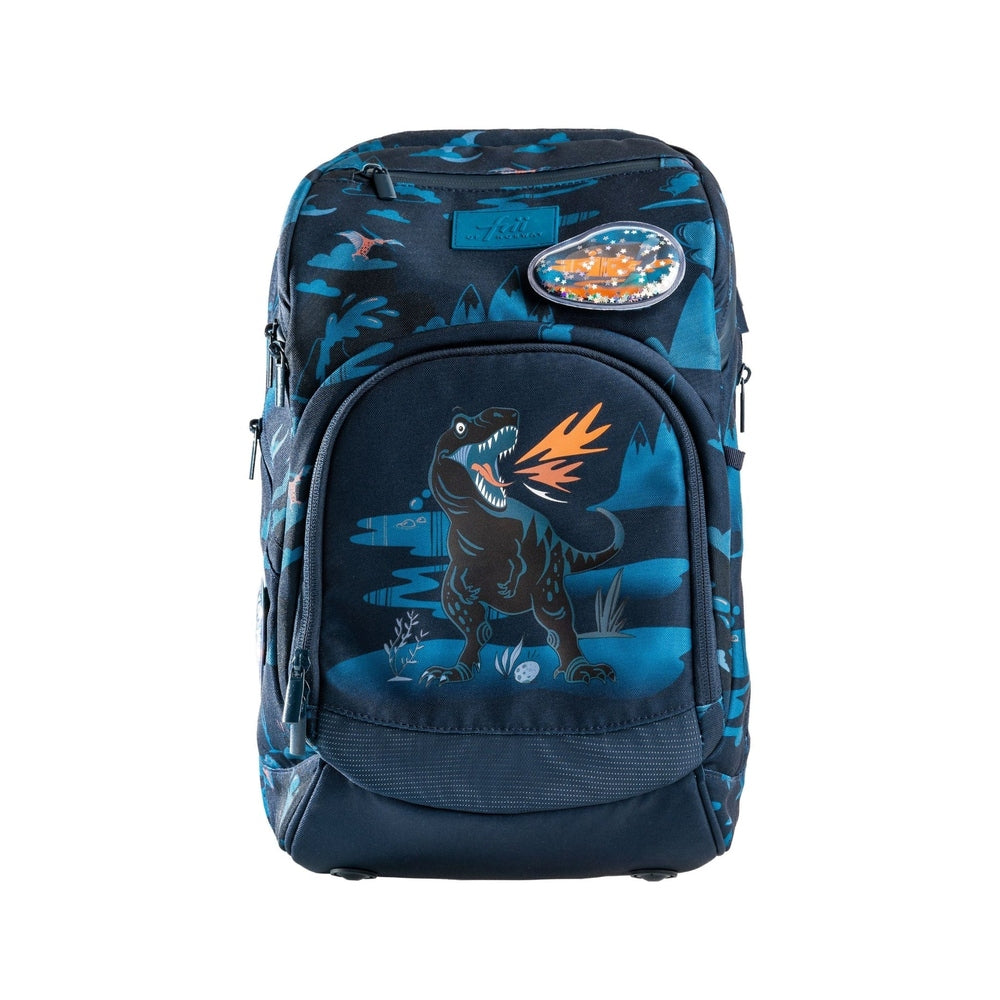 Backpack Frii Of Norway Expand 22-25L dinosaur print navy with orange flame design on front panel