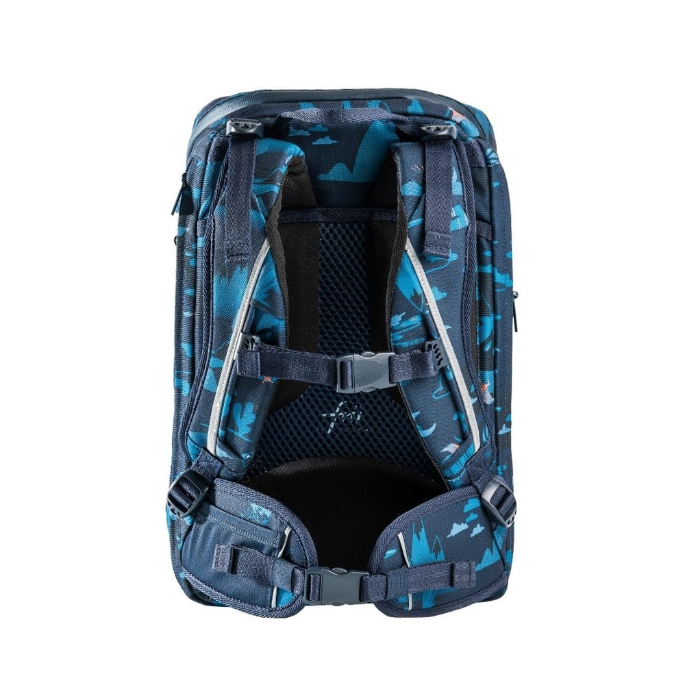 Frii of Norway school backpack 22–25L with blue dinosaur print and padded shoulder straps