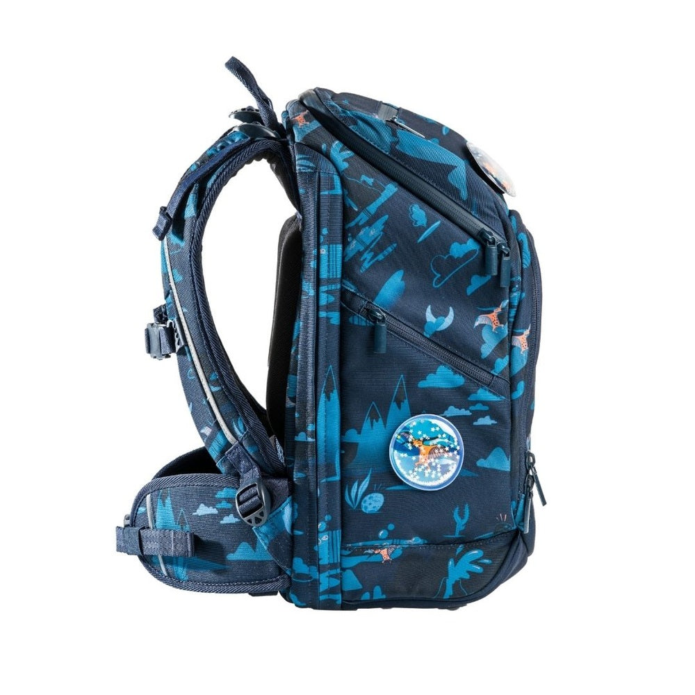 FRII OF NORWAY school backpack 22–25L expandable, navy blue dinosaur print
