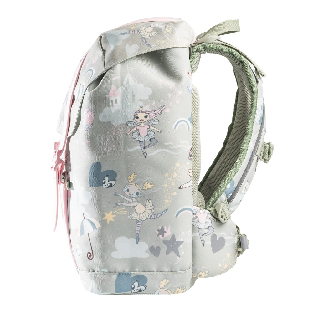 Frii of Norway school backpack 22L with pastel ballerina print, pink zipper, green shoulder straps