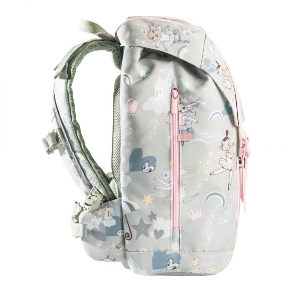 Frii Of Norway 22L school backpack pastel gray with ballerina print, pink zipper accents