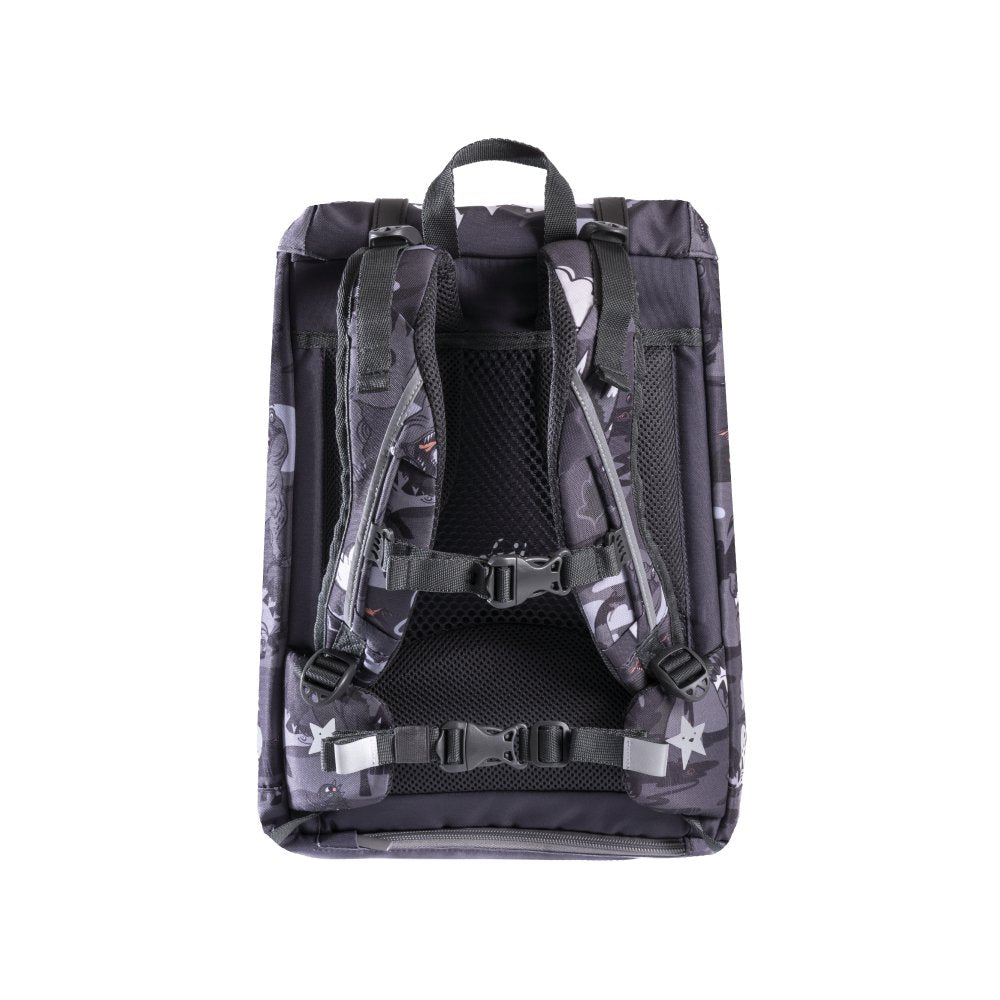Frii Of Norway retro 22L dinosaur print school backpack, black with padded back and straps
