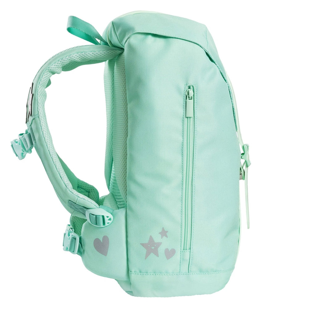 Frii Of Norway mint school backpack 22L with front zip pocket and heart/star accents