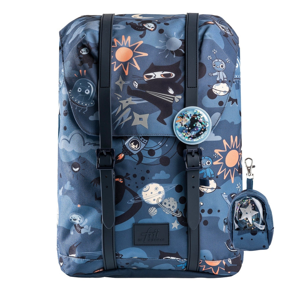 Frii Of Norway 22L ninja backpack in blue with space-print, includes matching mini pouch