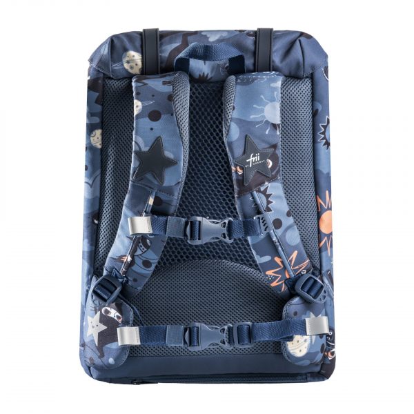 Frii of Norway Ninja retro 22L school backpack in blue camouflage with padded mesh shoulder straps